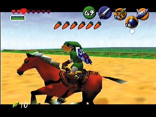 Link on Epona, in an early Hyrule Field.